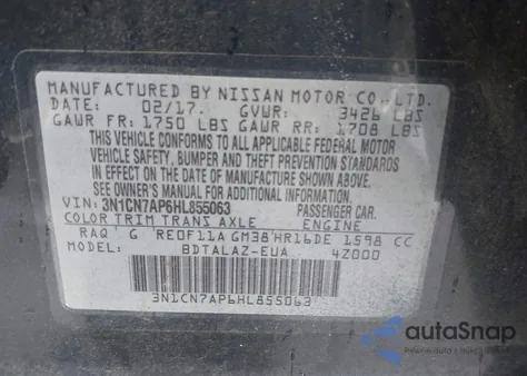 2017 Nissan Versa 1.6 S+ z USA, uszkodzony, nr VIN 3N1CN7AP6HL855063